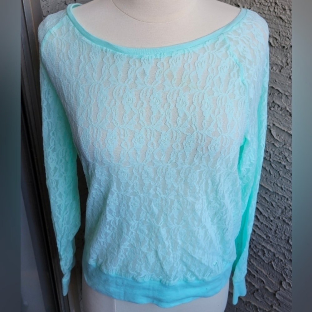 VS Pink Mint Green Lace Long Sleeve Blouse size Small - Picture 1 of 7